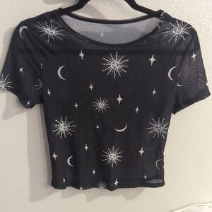 Black Sheer Celestial Print Women's Top